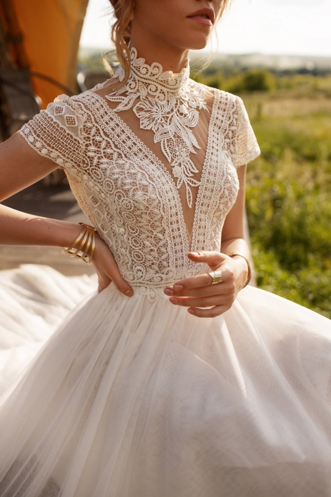 Boho Lace High Neck Wedding Dress , boho wedding dress