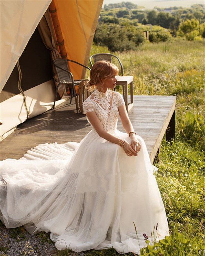 high neck bohemian wedding dress Retro Boho Lace Sleeved High Neck Wedding Dress Nude Beige