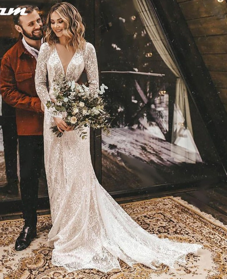 Long Sleeve Lace V Neck Boho Wedding Dress I Love that Boho