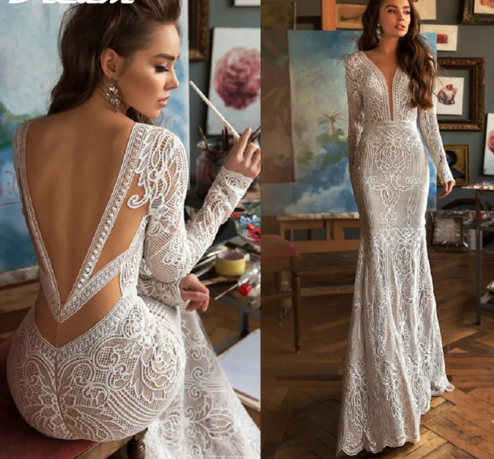Long Sleeve Wedding Gown Backless Lace Boho Bridal Dresses Bh15