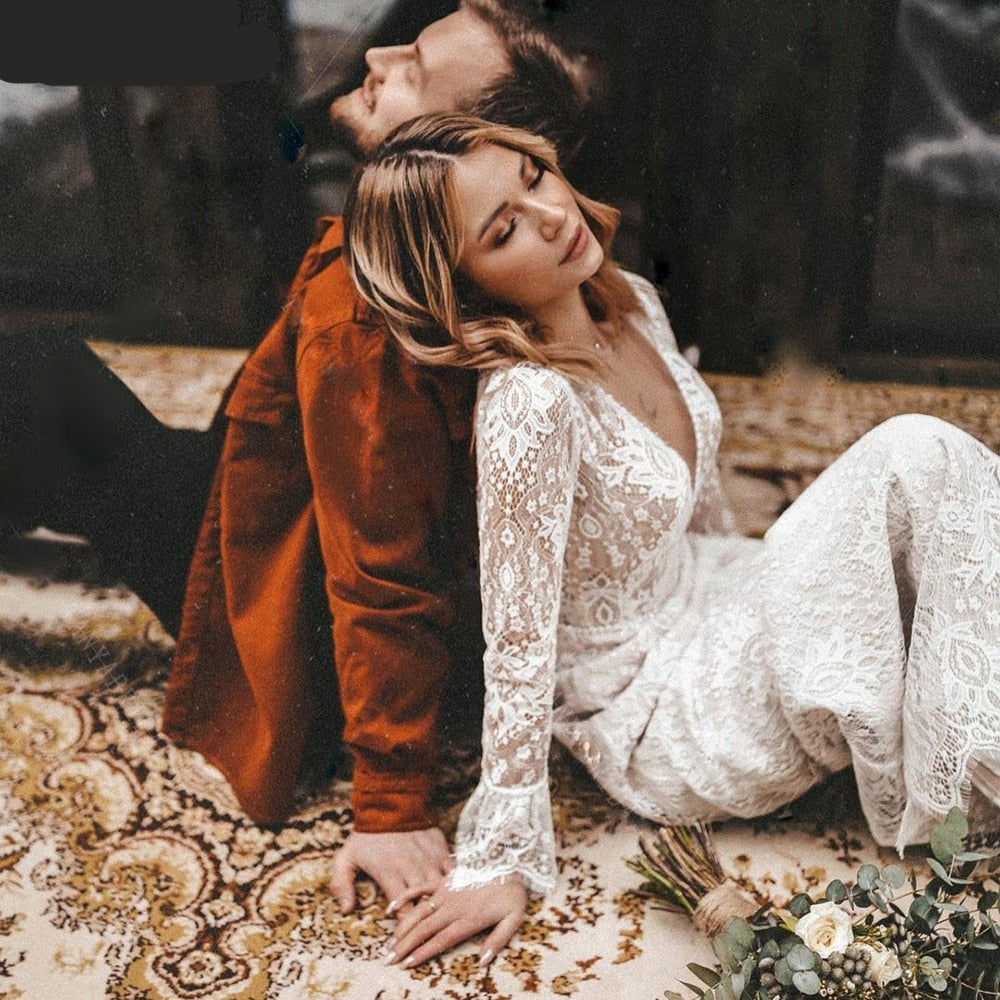 Long Sleeve Lace V Neck Boho Wedding Dress I Love that Boho | Love that Boho Long Sleeve Lace V Neck Boho Wedding Dress I Love that Boho | Love that Boho