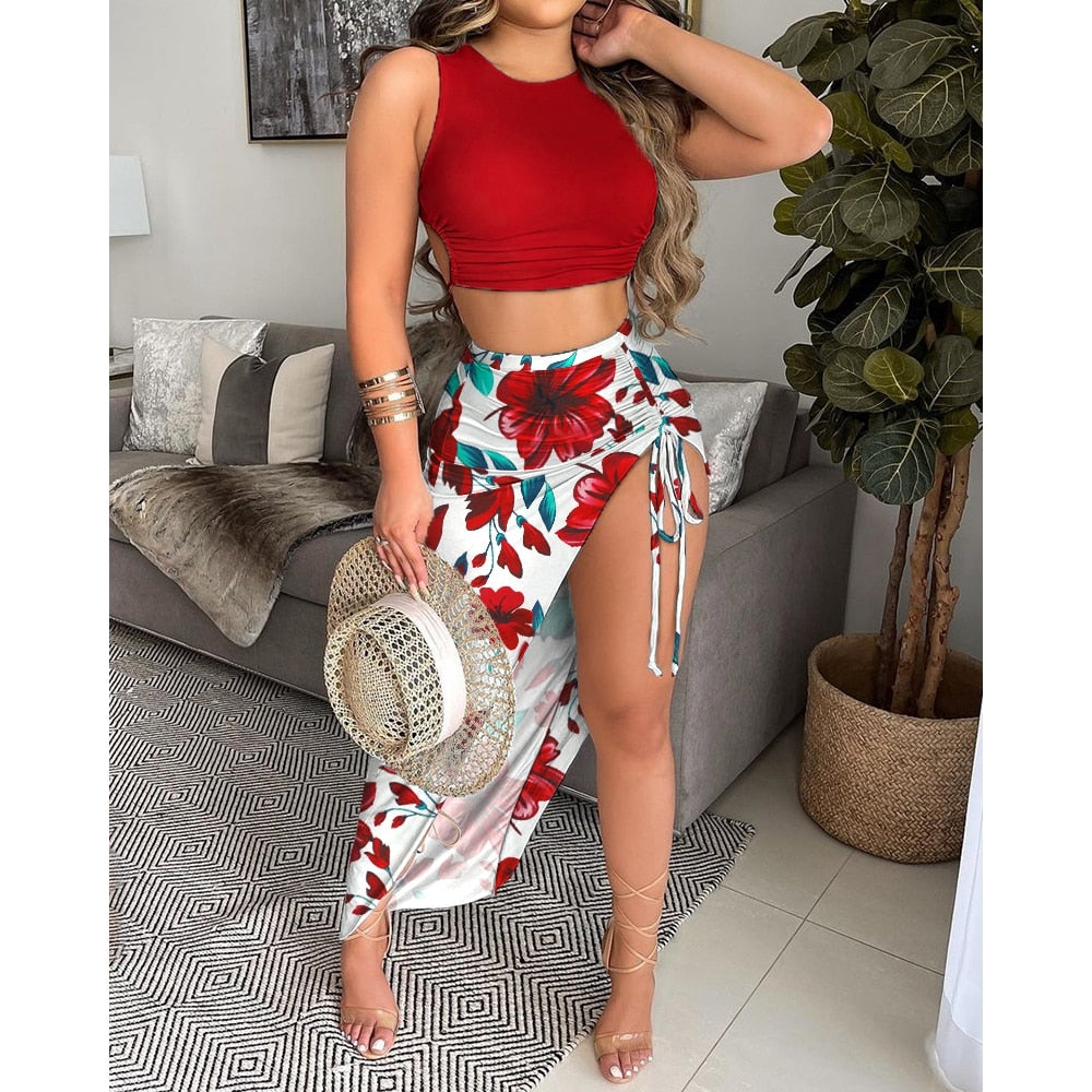 Two Pieces Crop Top & Drawstring skirt- multiple prints I Love that Boho