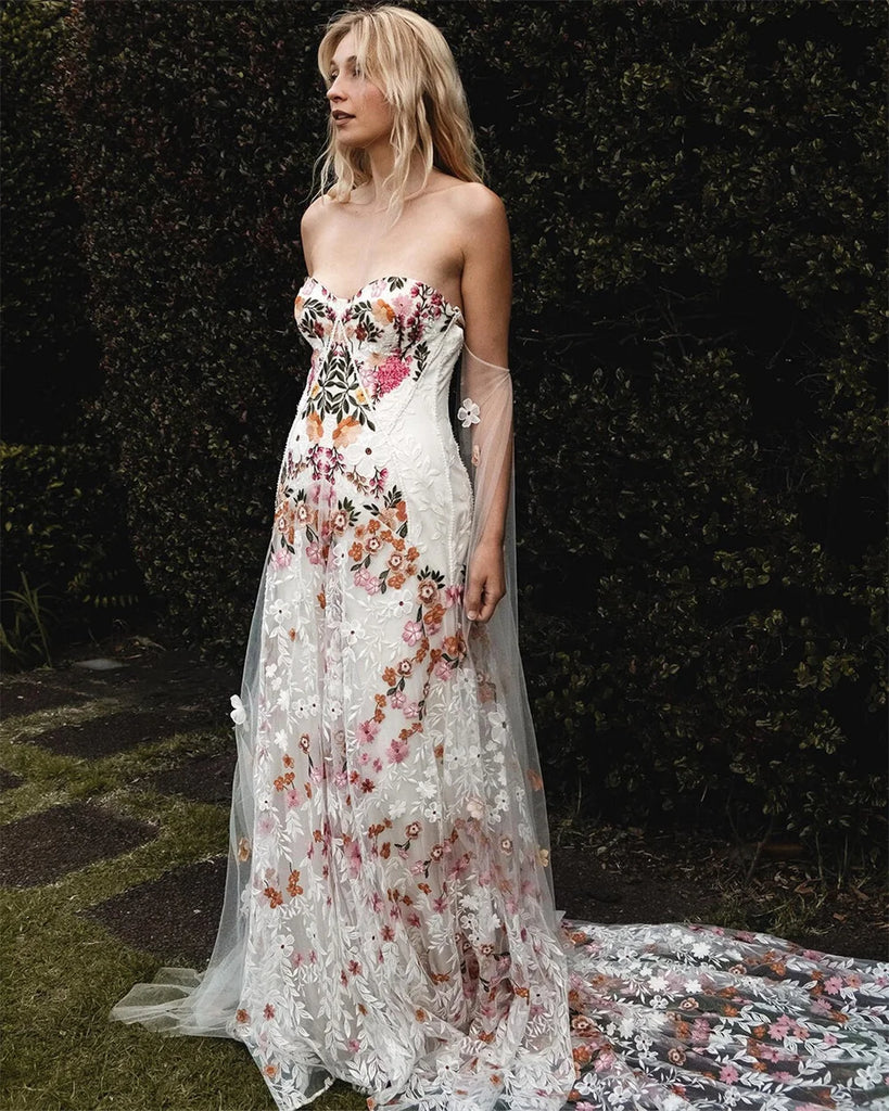 Colorful floral embroidery Lace Wedding Dress I Love that Boho | Love that Boho Colorful floral embroidery Lace Wedding Dress I Love that Boho | Love that Boho