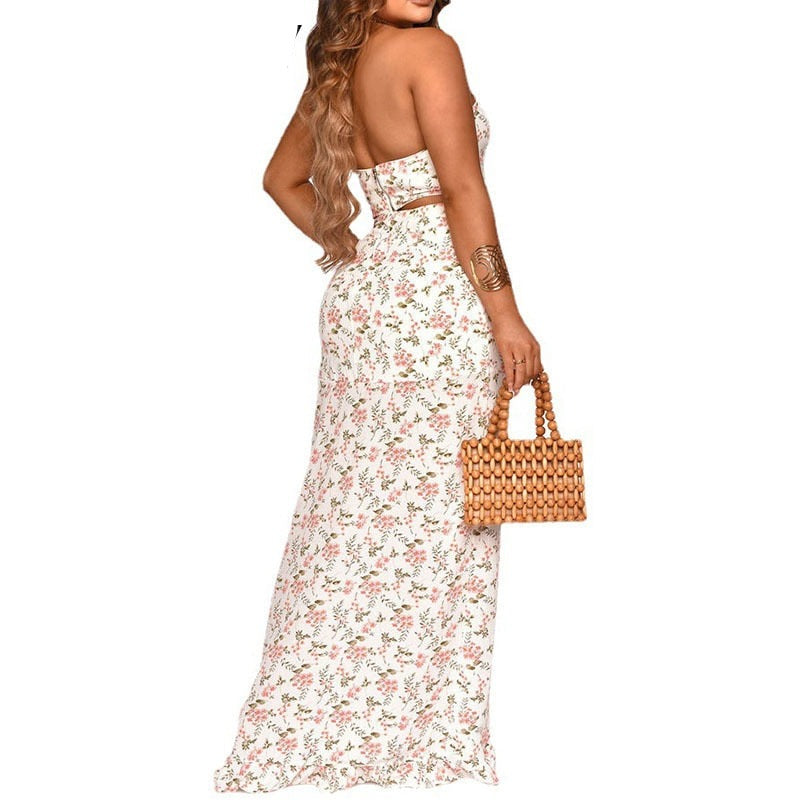 Women Two Piece Set Y2K Boho Floral Print Strapless Tube Top Off Shoul –  Fashiondresses for less