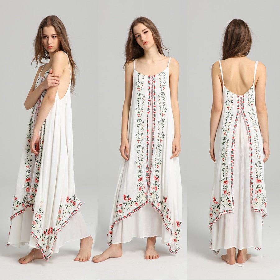 Embroidered Boho Maxi Dress Mystical White With Colorful Embroidery –  Made4Walkin