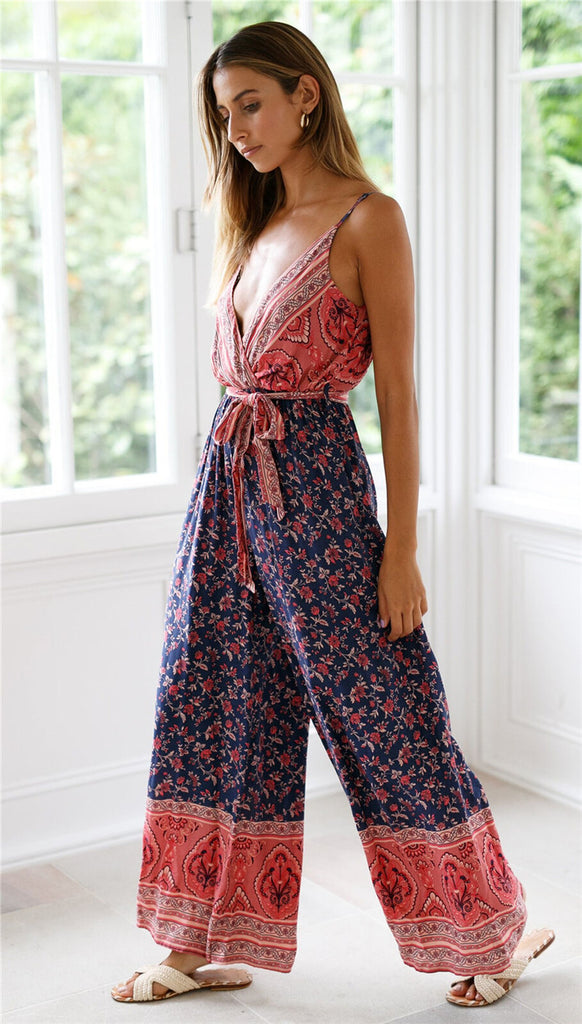 Backless boho Jumpsuit blue and pink