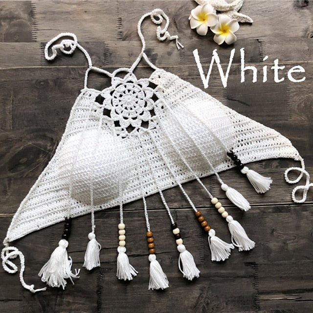 white crochet crop top with tassels 