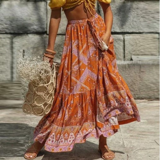 Maxi boho orange skirt best sale