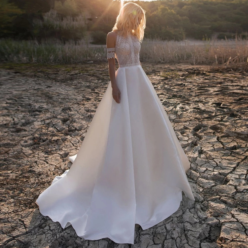 boho halter wedding dress Zapaka Women Ruffled Ivory A Line Tiered Bridal Dress, Ivory / US12 Every gaze will be captivated Off Shoulder Lace Halter Boho