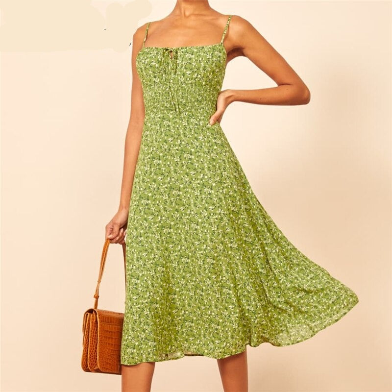 summer floral dress , green floral boho summer dress
