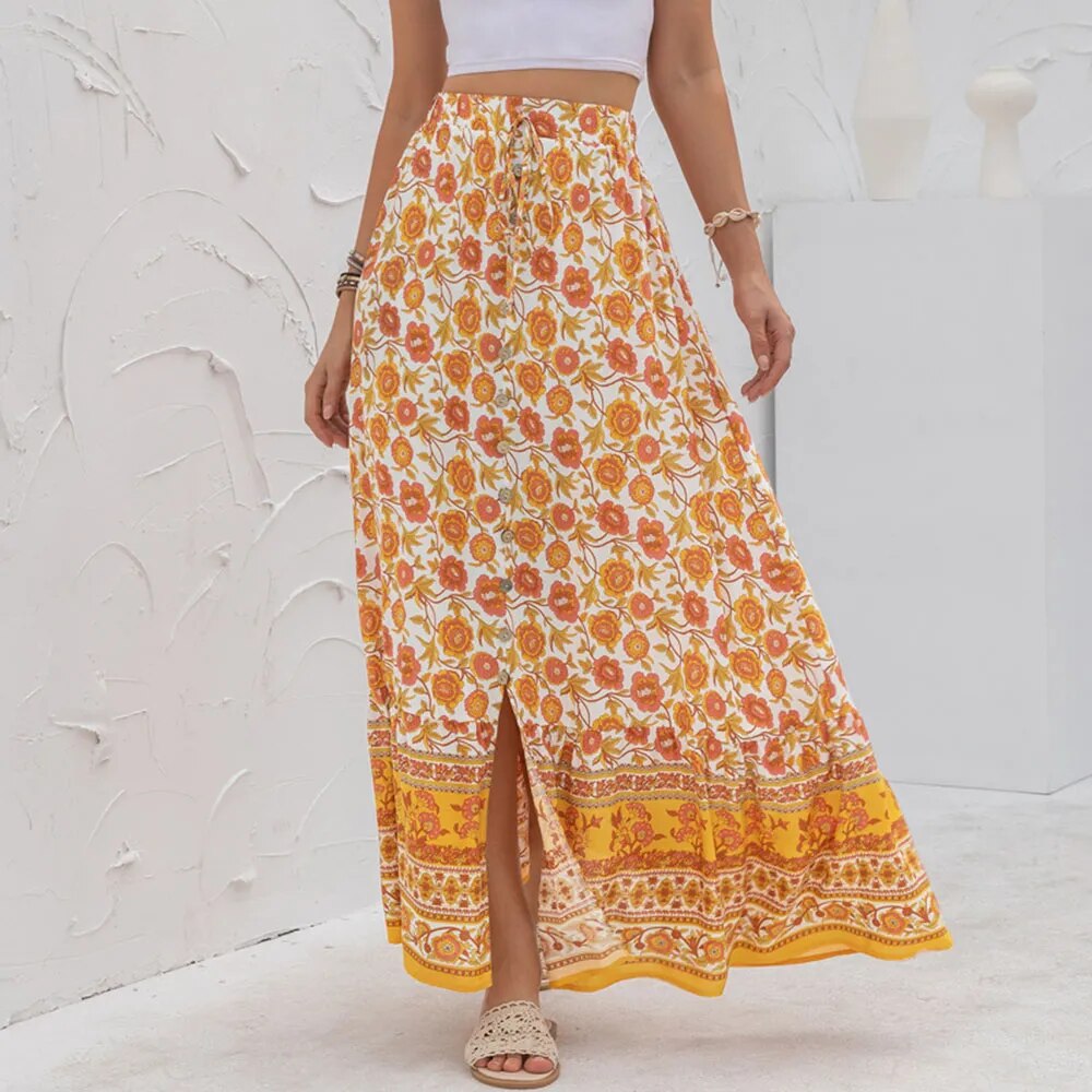 Boho Floral Print Long Skirts With Buttons - 4 colours