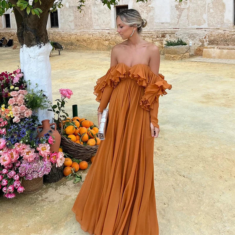 Ruffled Off-shoulder Maxi Dress , Boho off shoulder maxi dress