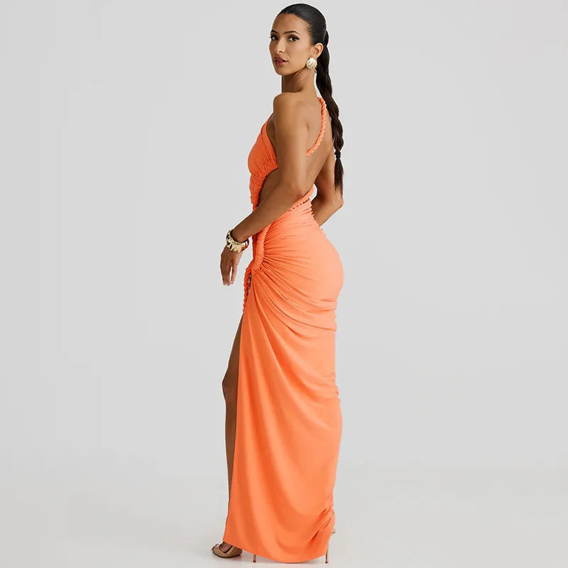 Asymmetrical Ruched Backless High Split Long Dress