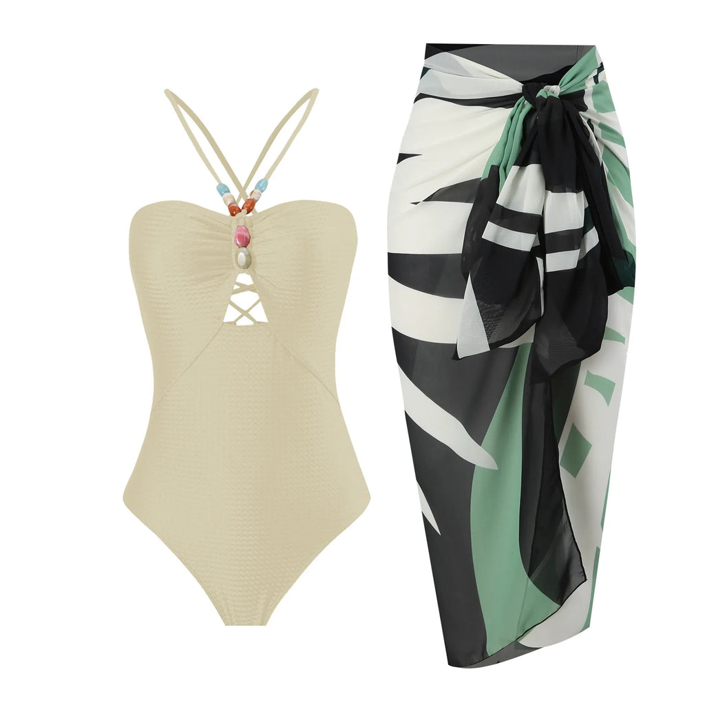 one Piece  boho Retro Swimwear with matching skirt -