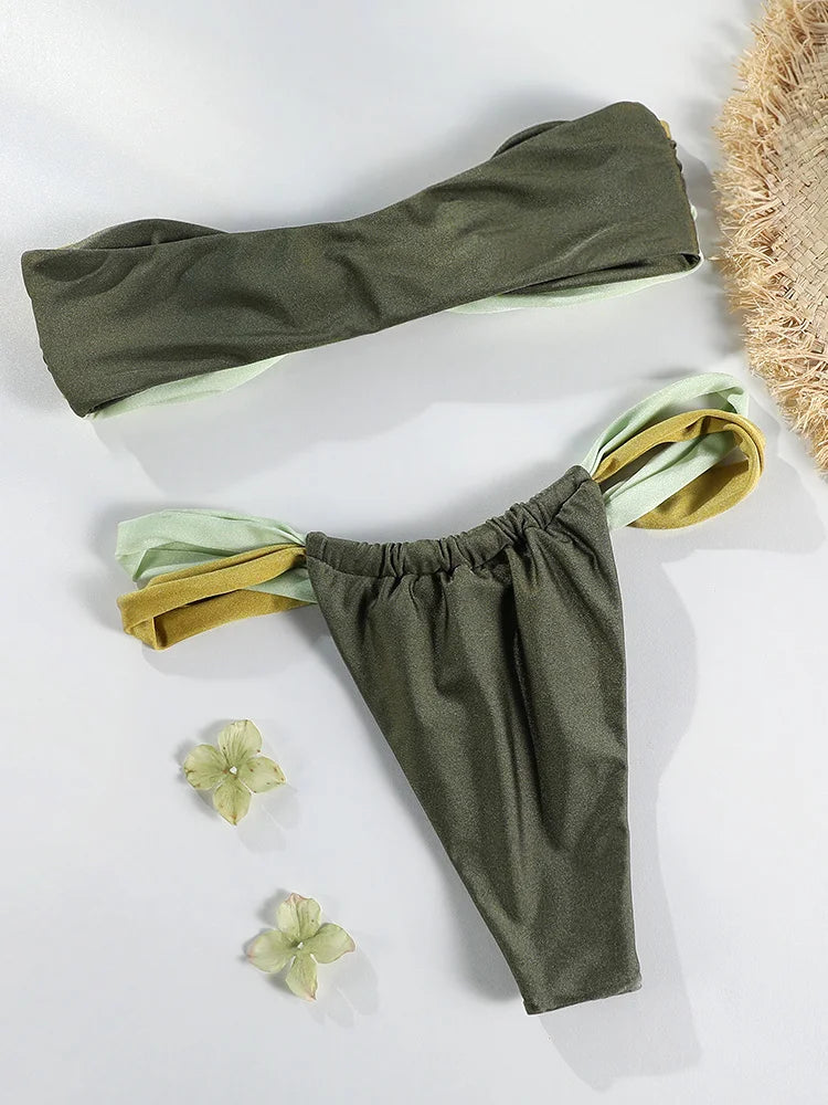 boho bikini, Summer Bikini Set High Cut Swimsuit -green