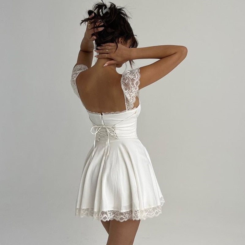 little white dress lace boho style White Lace Ruffled Cotton Dress, Boho Vintage Style