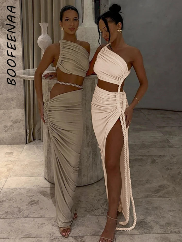 Asymmetrical Ruched Backless High Split Long Dress