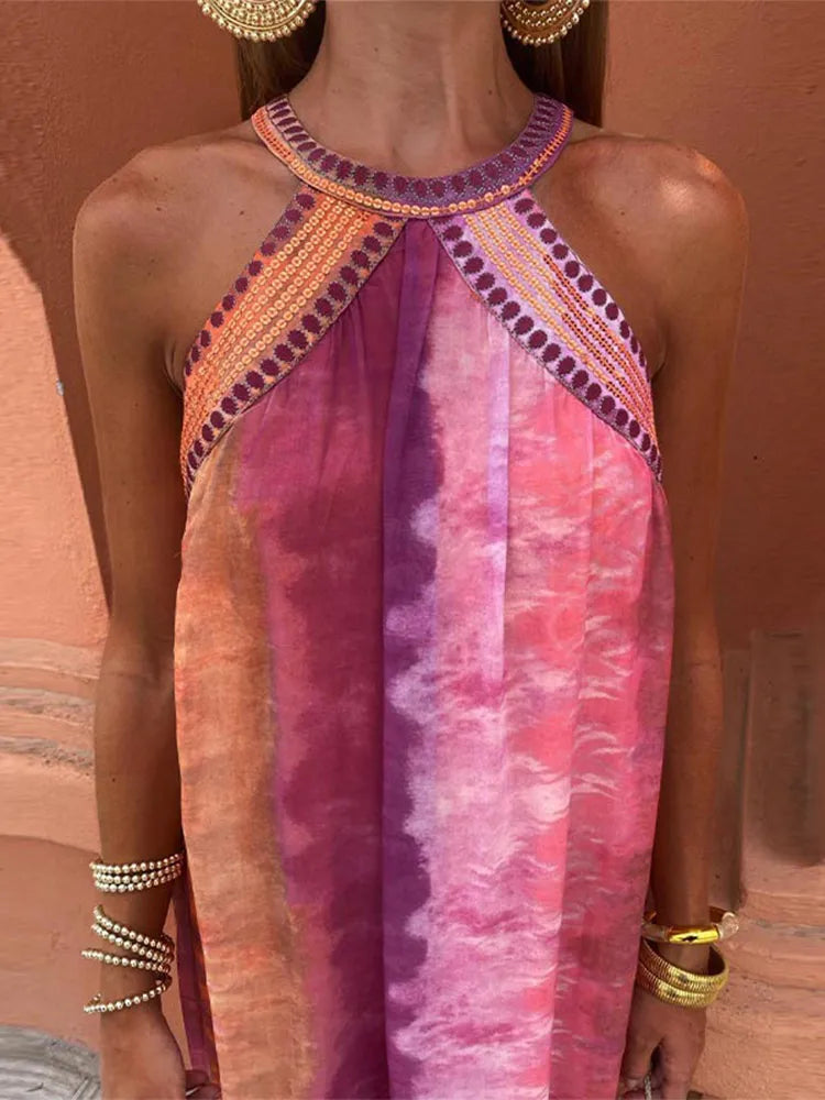 Tie Dye Sequins Pink Maxi Dress , boho tie die dress