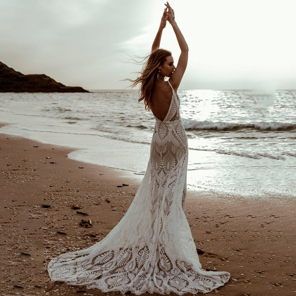 Lace Mermaid Backless Wedding Dress I Boho Bridal I Love that Boho