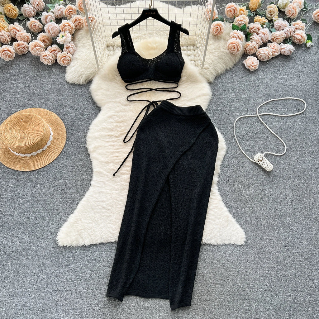 Knitted Top+ Split Skirt - Two Pieces Set , boho skirt and top set, skirt and top two piece set