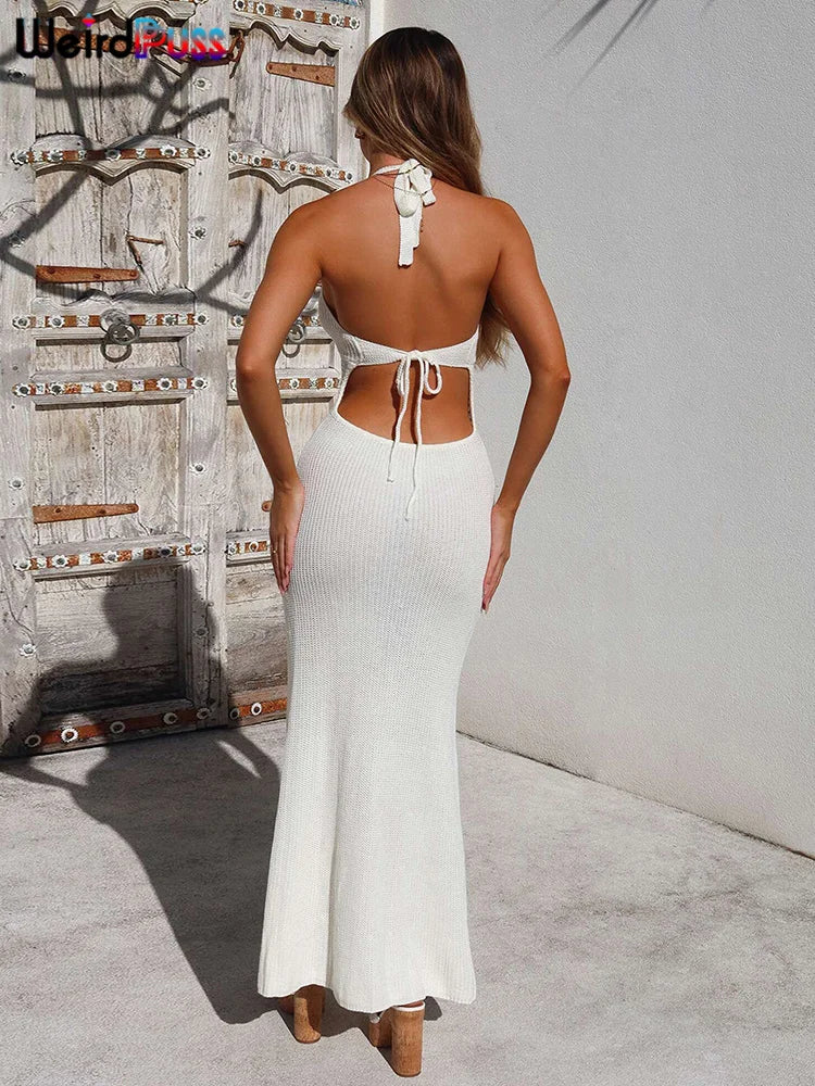 Halter Neck Backless Dress, BOHO DRESS, WHITE BOHO DRESS