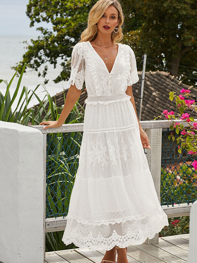 white lace dress, white boho dress, white lace boho dress, Cross Semi-Sheer Lace Maxi Dress 