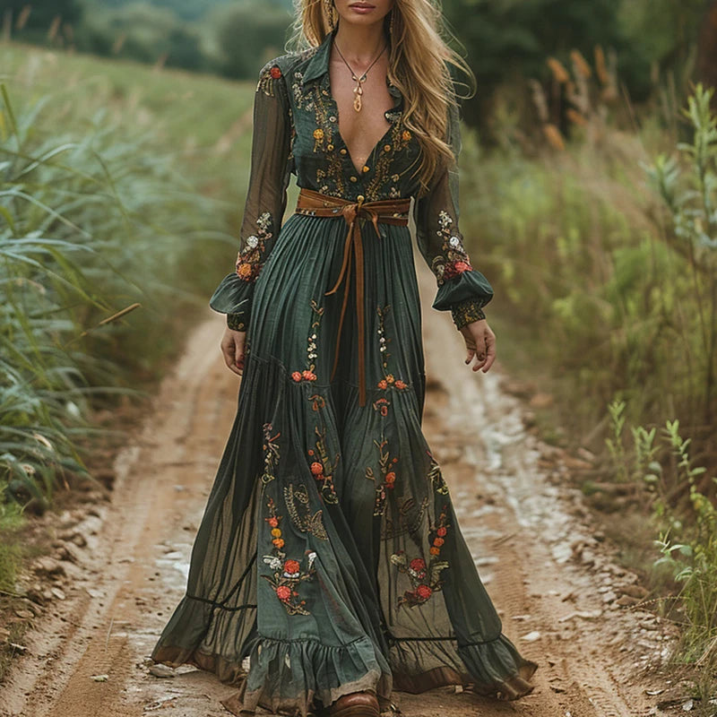 Pattern Printed Long Sleeved Pleated Dress, long sleeve boho dress