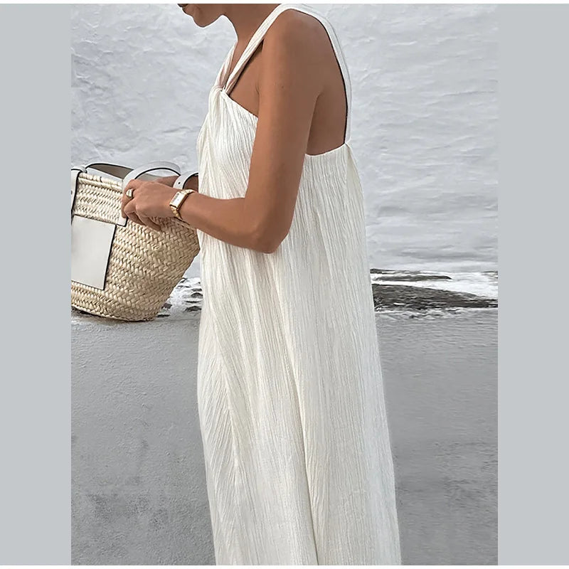 white boho dress, white boho maxi dress, Off Shoulder Halter Pleated Maxi Dress