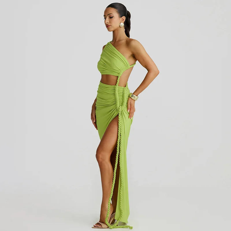 Asymmetrical Ruched Backless High Split Long Dress
