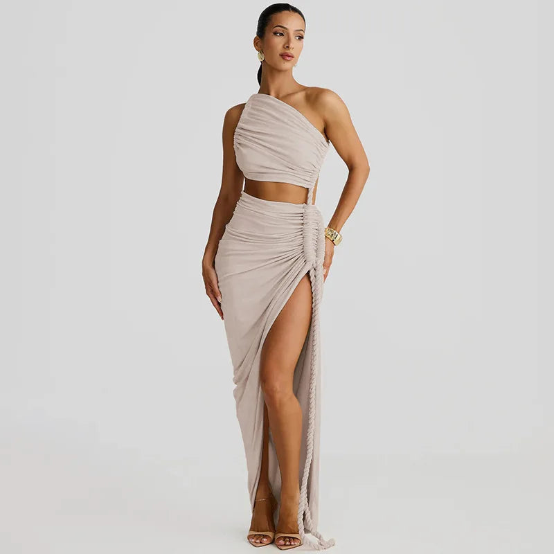 Asymmetrical Ruched Backless High Split Long Dress