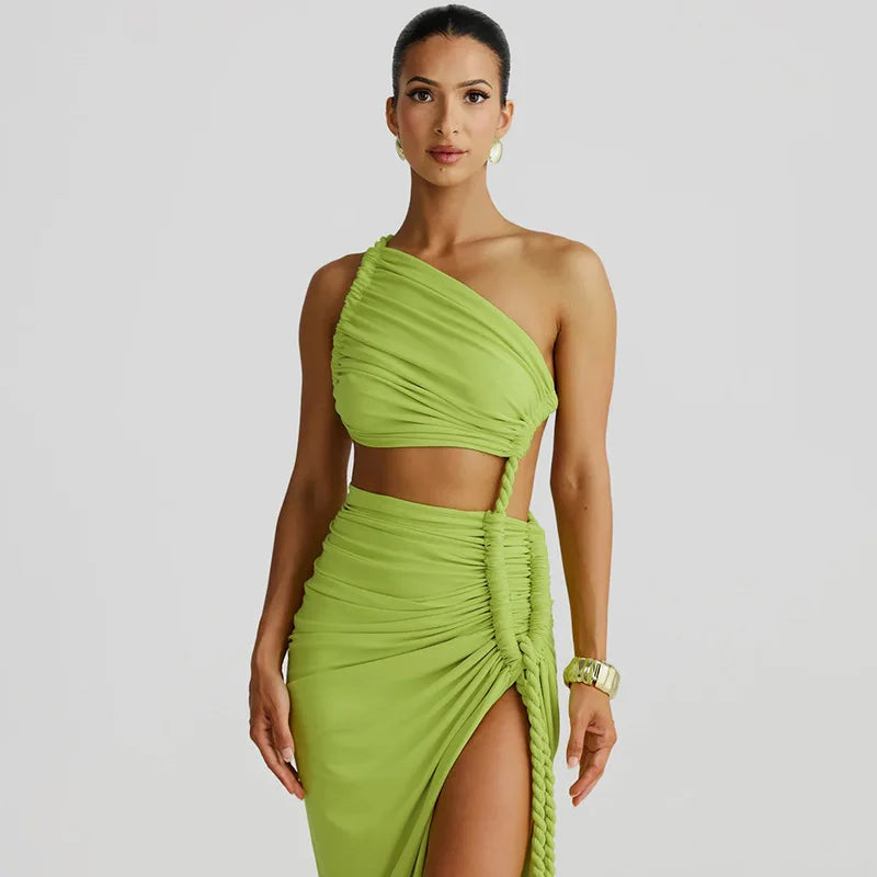 Asymmetrical Ruched Backless High Split Long Dress