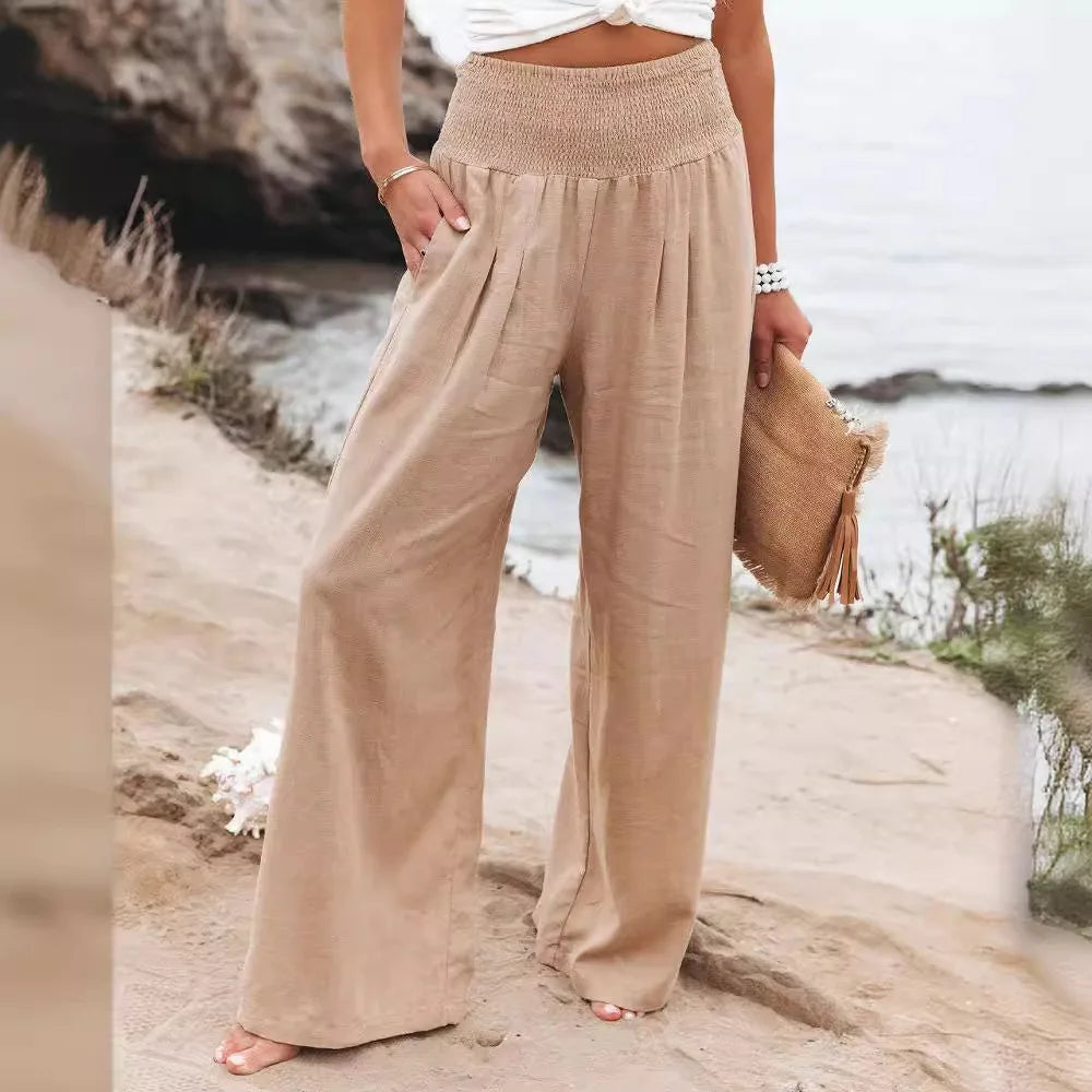 Cotton and linen wide-leg casual pants