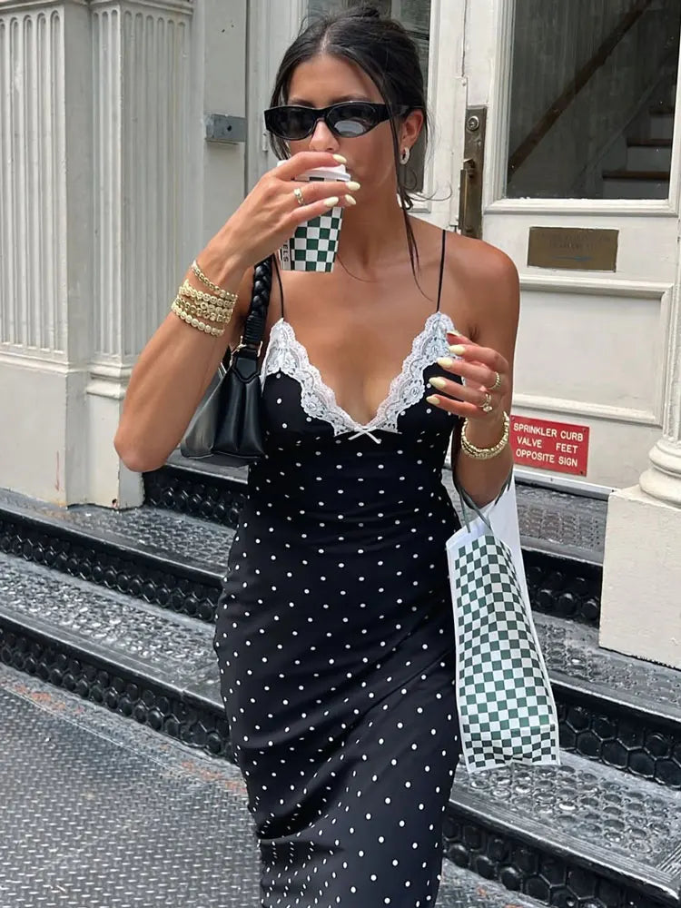 lace and polka dot dress Black Skirt Maxi (Reg.) Featuring a halter tie V neckline and softly gathered bust The Navy V Neck Polka