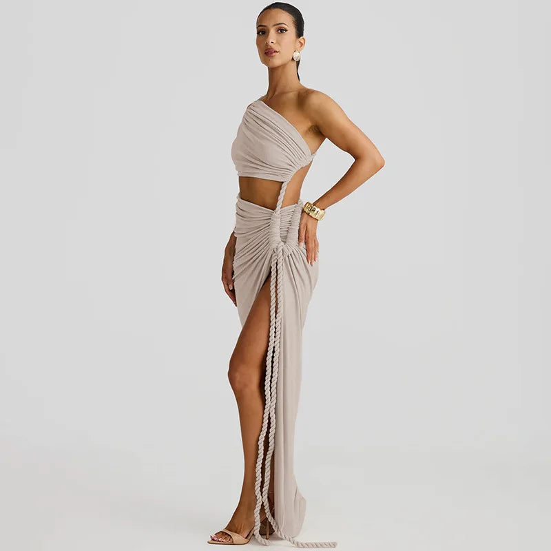 Asymmetrical Ruched Backless High Split Long Dress