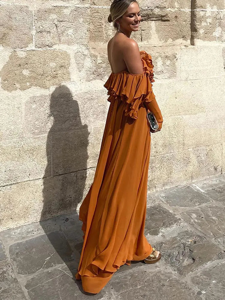 Ruffled Off-shoulder Maxi Dress , Boho off shoulder maxi dress