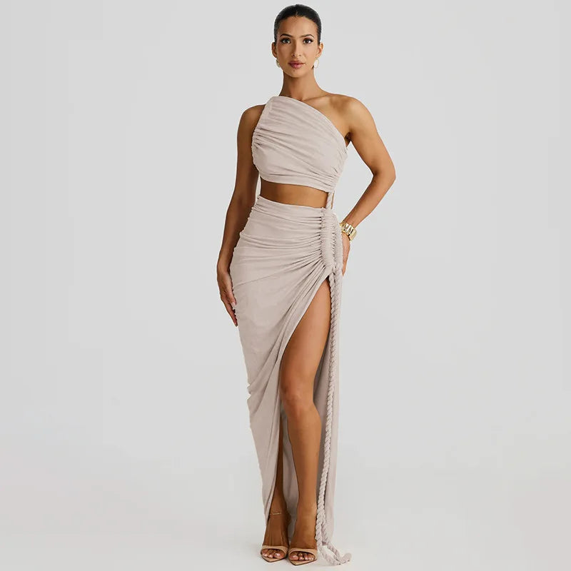Asymmetrical Ruched Backless High Split Long Dress