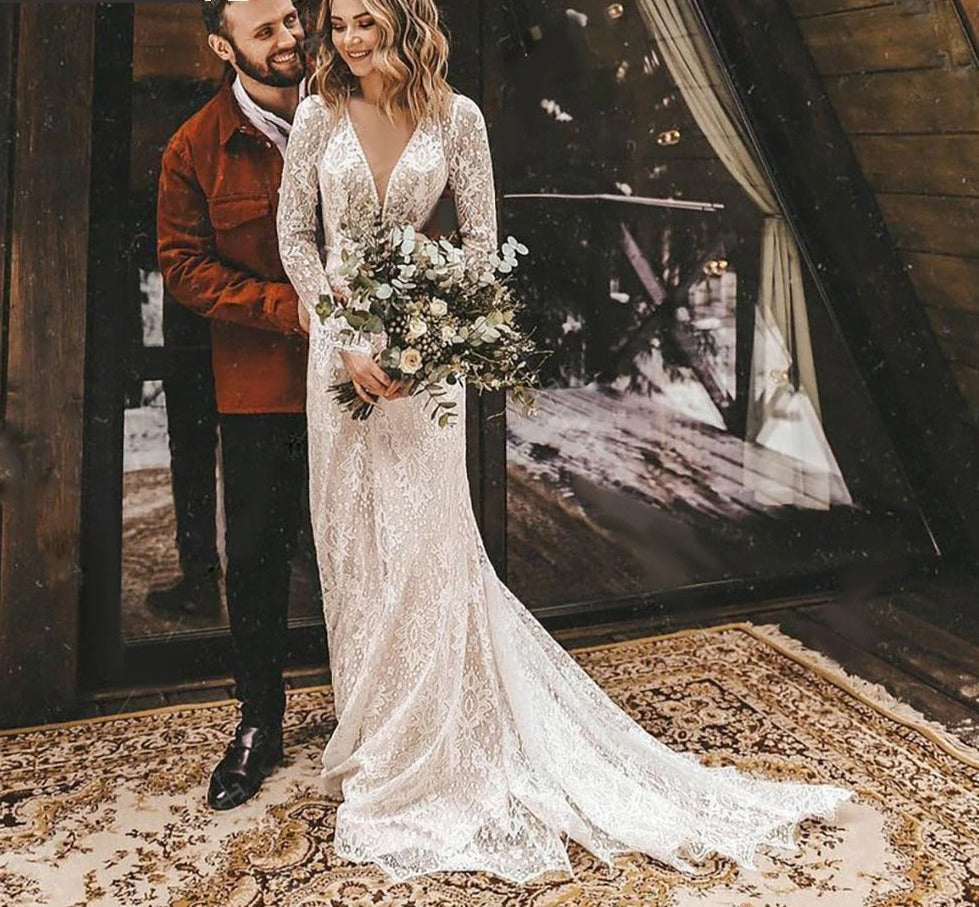 Long Sleeve Lace V Neck Boho Wedding Dress I Love that Boho