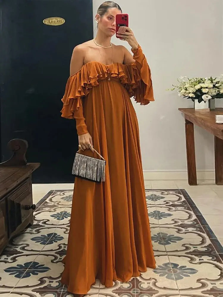 Ruffled Off-shoulder Maxi Dress , Boho off shoulder maxi dress