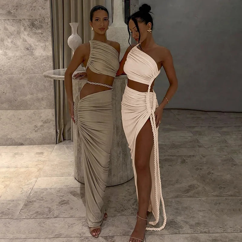 Asymmetrical Ruched Backless High Split Long Dress