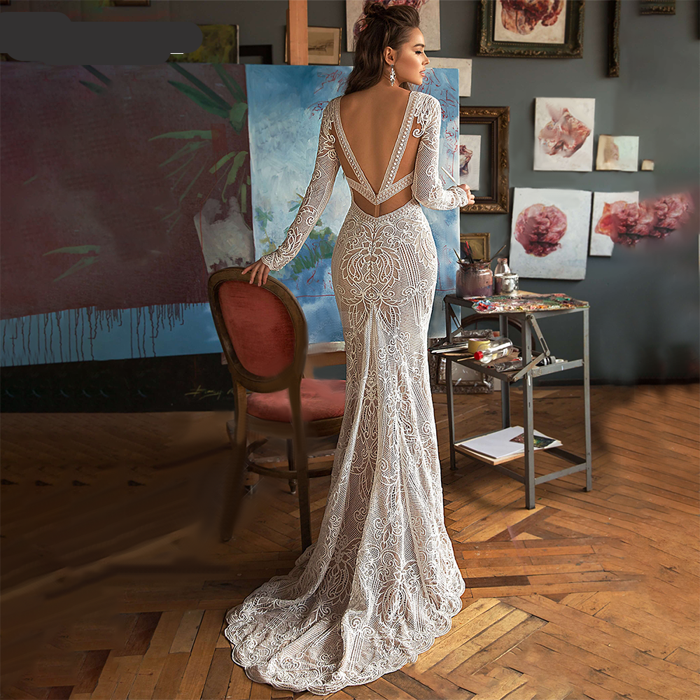 Deep V Neck Lace Backless Wedding Dress | Love that Boho Deep V Neck Lace Backless Wedding Dress | Love that Boho