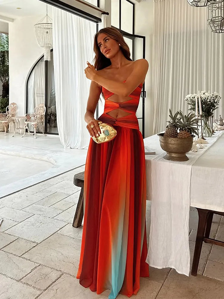 tie dye tie dress Tie-dye Hollow Out Maxi Dress
