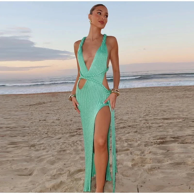 Knit Rope High Slit Backless Long Dress I Love that Boho | Love that Boho Knit Rope High Slit Backless Long Dress I Love that Boho | Love that Boho
