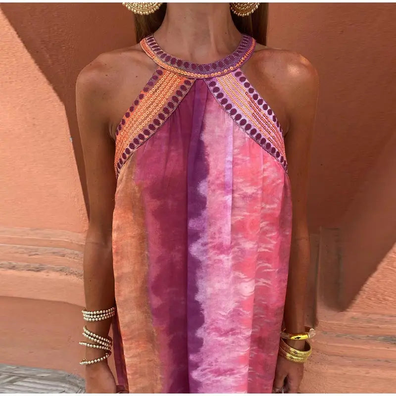 Tie Dye Sequins Pink Maxi Dress , boho tie die dress