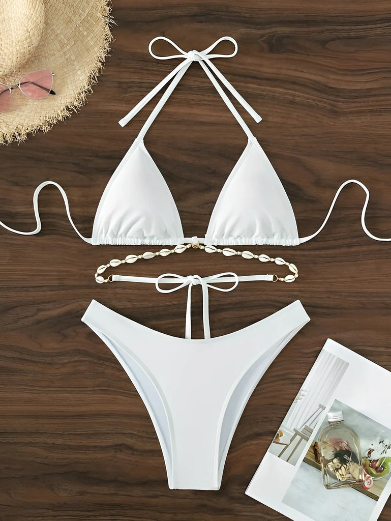 Triangle Bikini Set With Seashells , boho bikini with shell