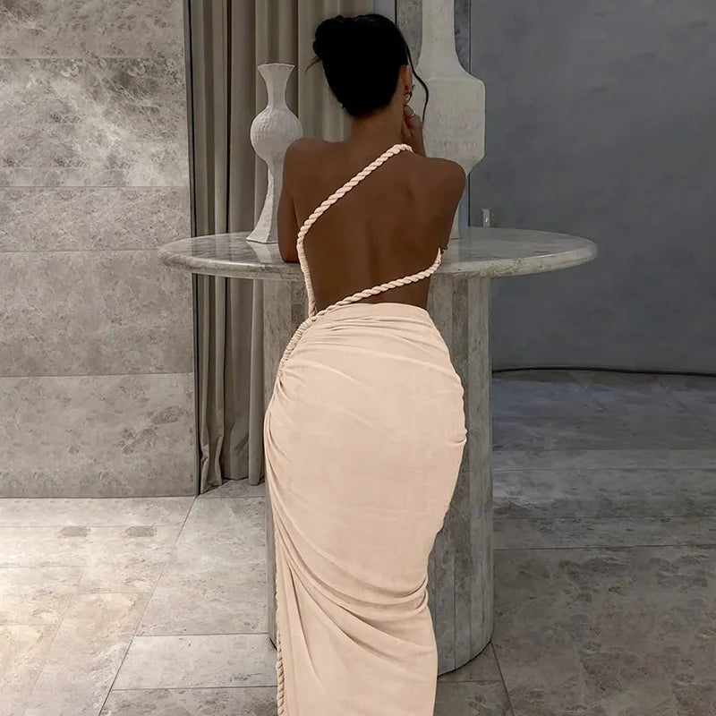 Asymmetrical Ruched Backless High Split Long Dress
