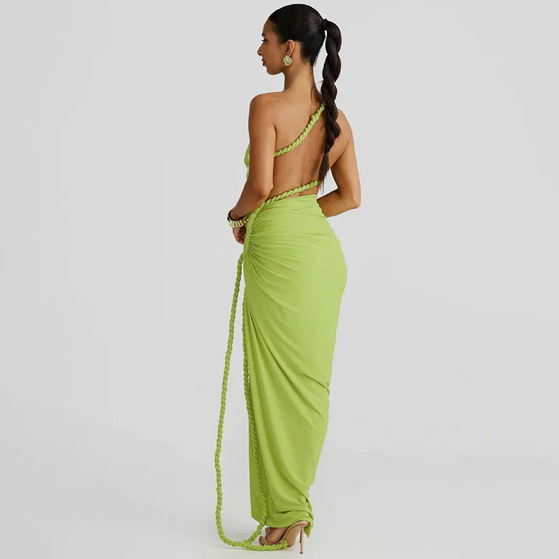 Asymmetrical Ruched Backless High Split Long Dress