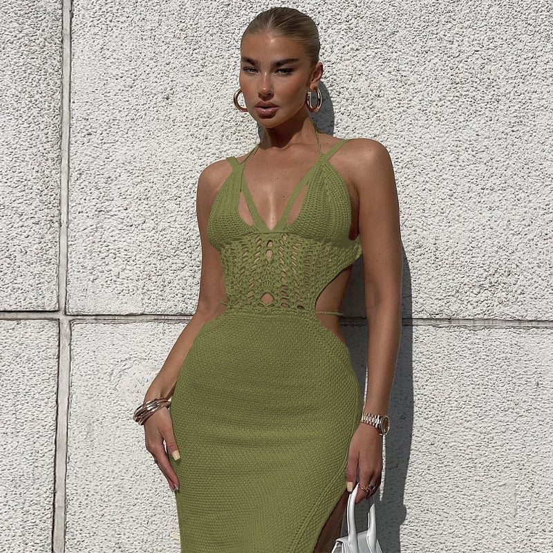 Knitted Cut Out Halter Backless Dress