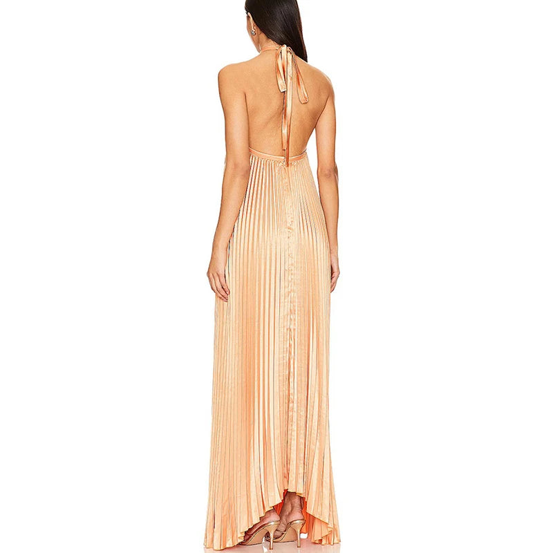 Pleated Halter Evening Dress