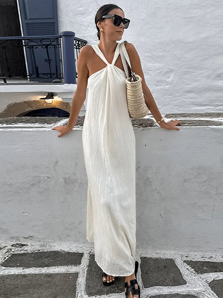 white boho dress, white boho maxi dress, Off Shoulder Halter Pleated Maxi Dress