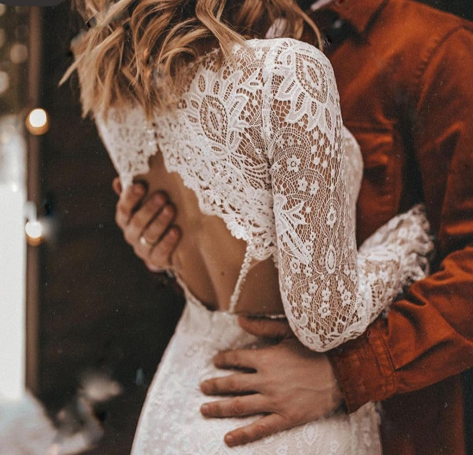 Deep V-neck Lace Boho Wedding Dress with Cut Hem – loveangeldress